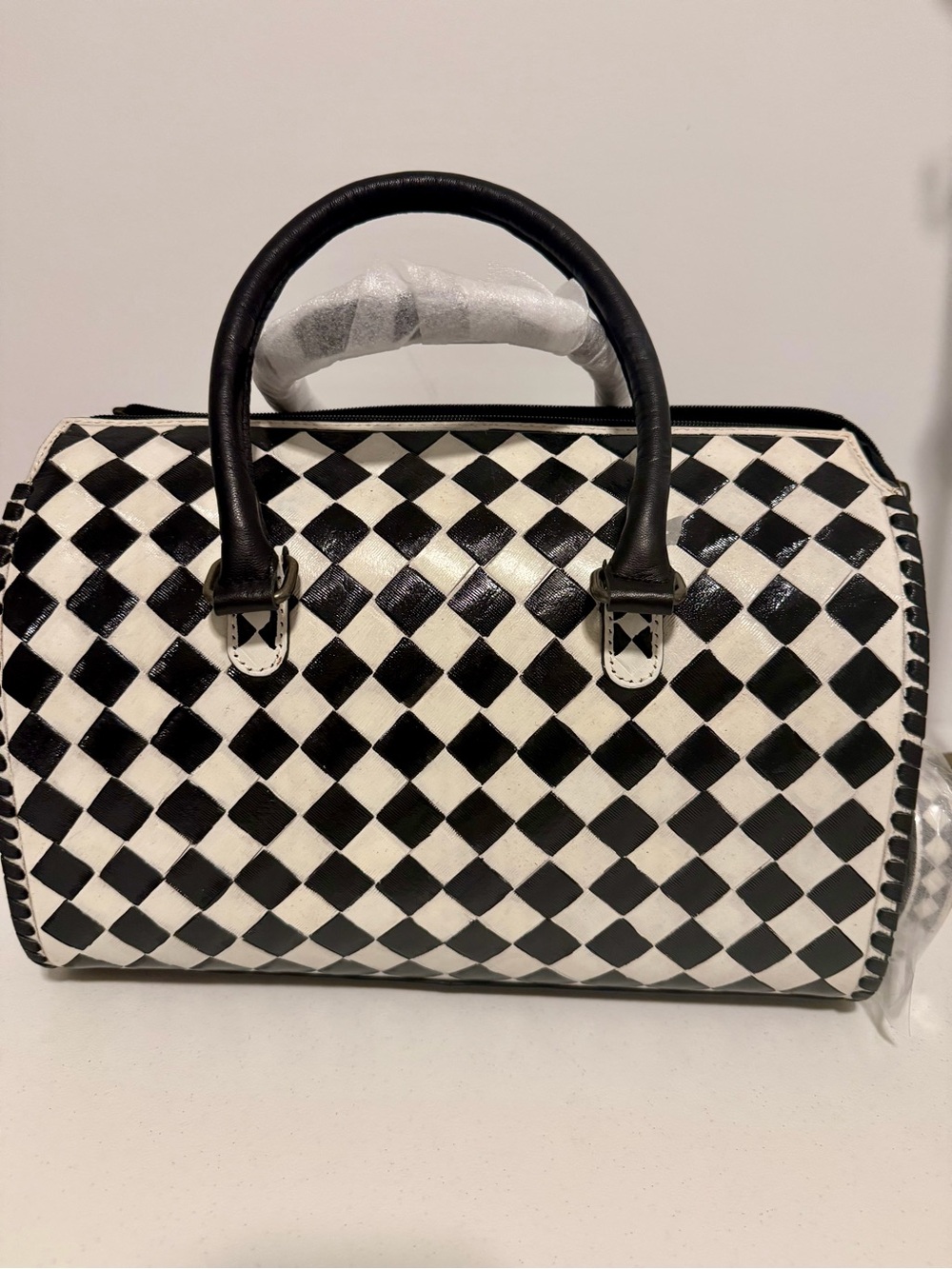 Western Linen Black and White Checkerboard Speedy Satchel Bag NWT